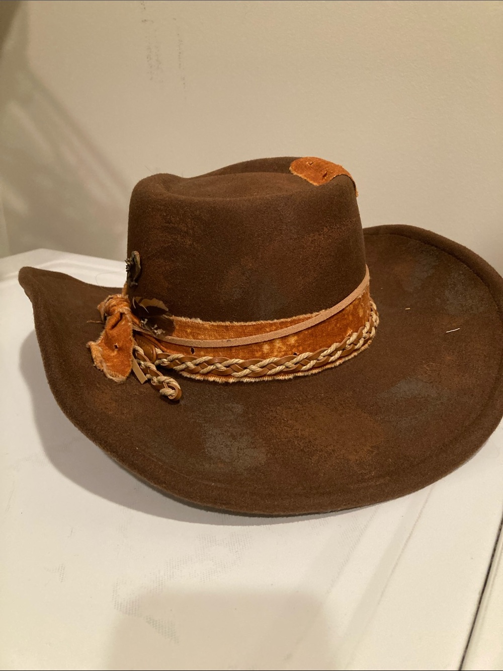 Brown Faux Suede Cowgirl Hat with Braided Trim